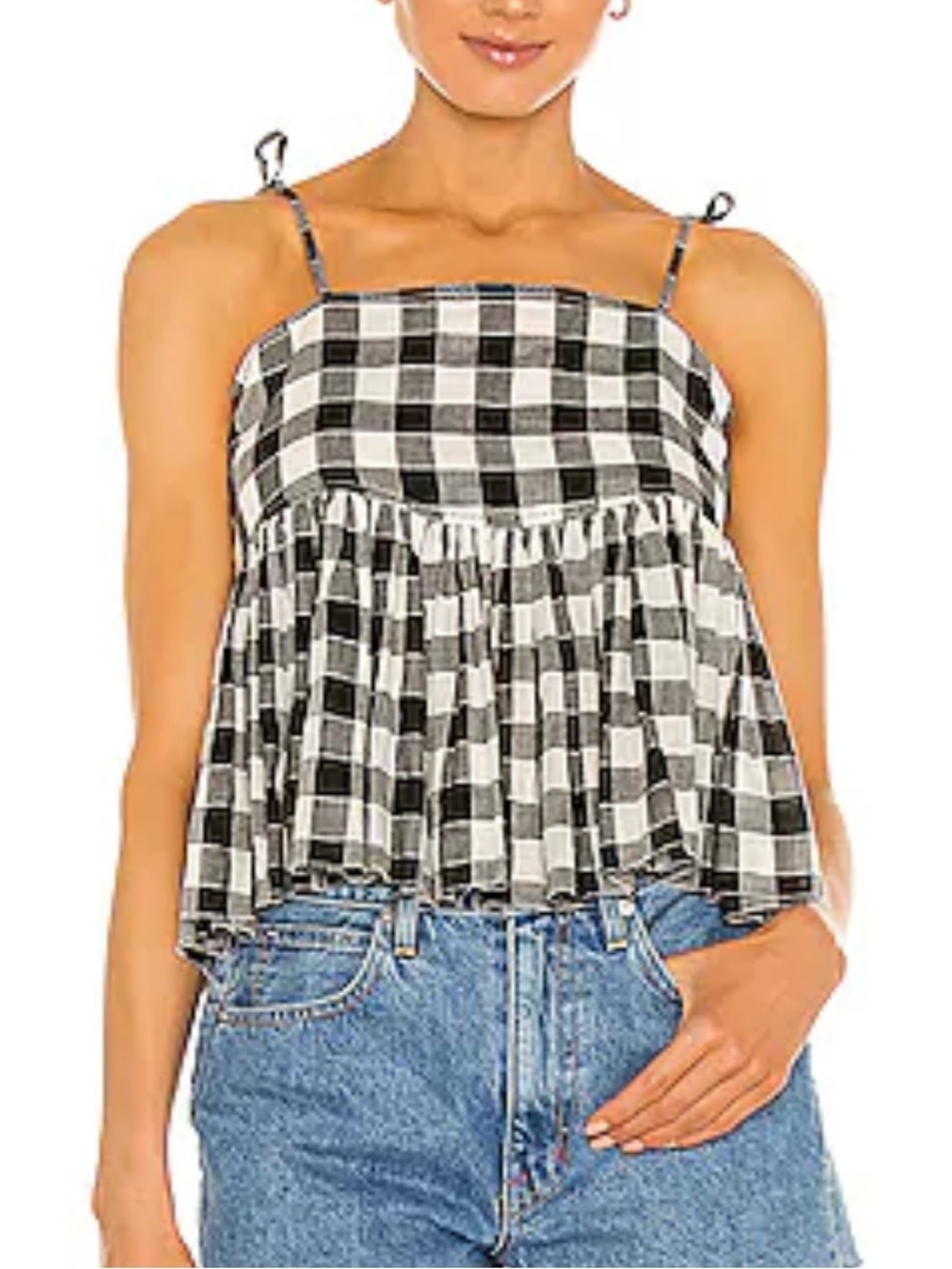 THE GREAT. Black and White Gingham Tie-Strap Babydoll Camisole top crop small